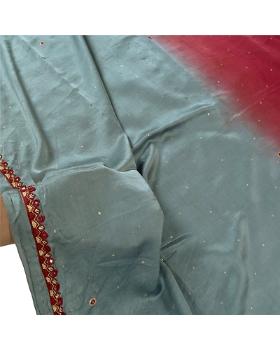Sanskriti Vintage Dupatta Long Stole Pure Satin Silk Grey Hand Beaded Scarves DC-51961-Grey &amp; Dark Red-Zardozi Work-Pure Satin Silk-5