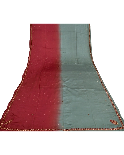 Sanskriti Vintage Dupatta Long Stole Pure Satin Silk Grey Hand Beaded Scarves DC-51961-Grey &amp; Dark Red-Zardozi Work-Pure Satin Silk-7