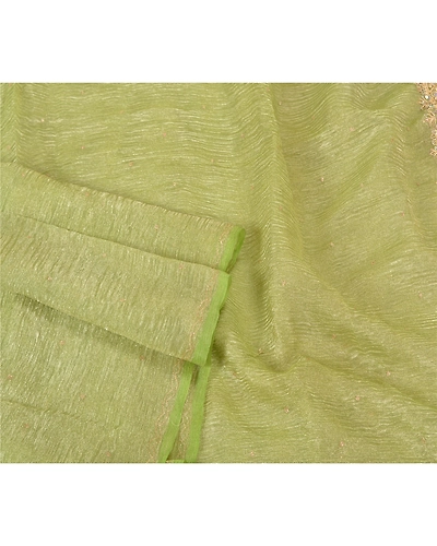 Sanskriti Vintage Dupatta Long Stole Tissue Green Hand Beaded Woven Scarves DC-51963-Green-Zardozi Work-Tissue-3