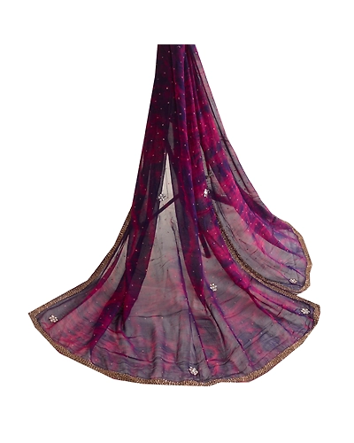 Sanskriti Vintage Dupatta Long Stole Georgette Purple Hand Beaded Tie-Dye Veil DC-51976-Purple &amp; Blue-Beaded Work-Georgette-2