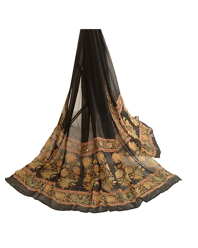 Sanskriti Vintage Dupatta Long Stole Georgette Black Hand Beaded Kantha Scarves DC-51993-Black-Thread Work-Georgette-2