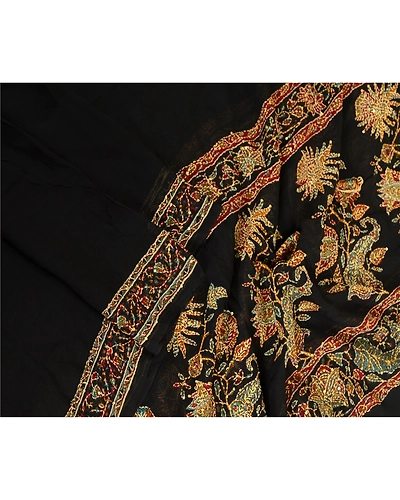 Sanskriti Vintage Dupatta Long Stole Georgette Black Hand Beaded Kantha Scarves DC-51993-Black-Thread Work-Georgette-3