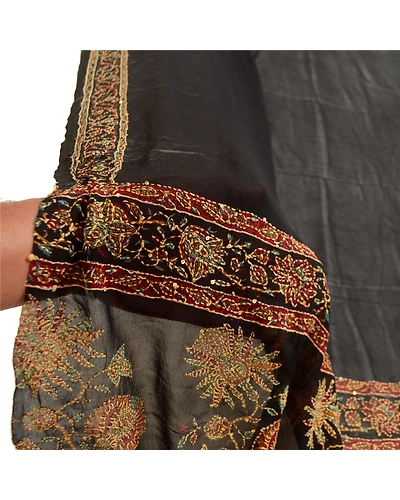 Sanskriti Vintage Dupatta Long Stole Georgette Black Hand Beaded Kantha Scarves DC-51993-Black-Thread Work-Georgette-5
