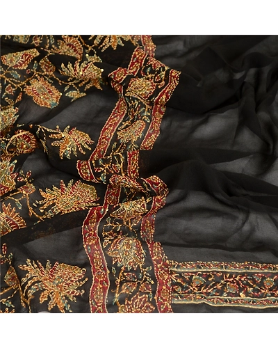 Sanskriti Vintage Dupatta Long Stole Georgette Black Hand Beaded Kantha Scarves DC-51993-Black-Thread Work-Georgette-6