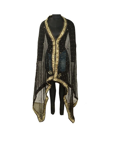 Sanskriti Vintage Black Long Dupatta Stole Pure Chiffon Silk Hand Beaded Scarves DC-51997-Black-Sequins Work-Pure Chiffon Silk-2