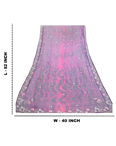 Sanskriti Vintage Purple Dupatta Long Stole Pure Chiffon Silk Handmade Tie-Dye DC-52014-Purple &amp; Pink-Beaded Work-Pure Chiffon Silk-1