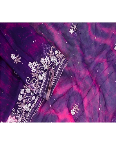 Sanskriti Vintage Purple Dupatta Long Stole Pure Chiffon Silk Handmade Tie-Dye DC-52014-Purple &amp; Pink-Beaded Work-Pure Chiffon Silk-3