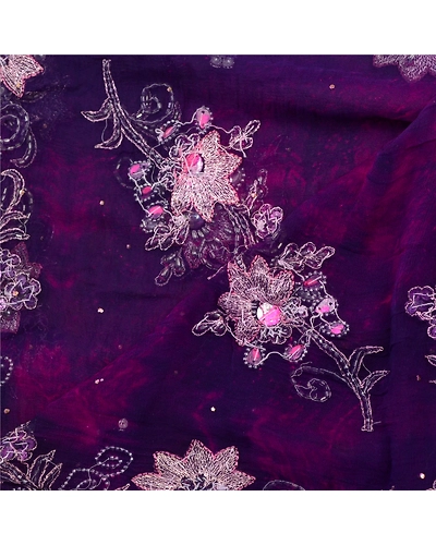 Sanskriti Vintage Purple Dupatta Long Stole Pure Chiffon Silk Handmade Tie-Dye DC-52014-Purple &amp; Pink-Beaded Work-Pure Chiffon Silk-4