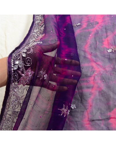 Sanskriti Vintage Purple Dupatta Long Stole Pure Chiffon Silk Handmade Tie-Dye DC-52014-Purple &amp; Pink-Beaded Work-Pure Chiffon Silk-5