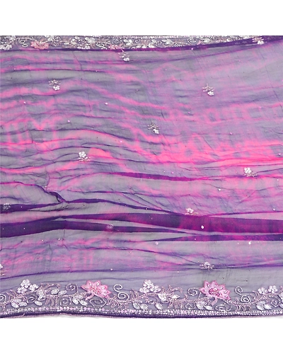 Sanskriti Vintage Purple Dupatta Long Stole Pure Chiffon Silk Handmade Tie-Dye DC-52014-Purple &amp; Pink-Beaded Work-Pure Chiffon Silk-6
