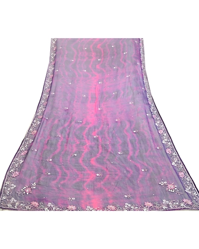 Sanskriti Vintage Purple Dupatta Long Stole Pure Chiffon Silk Handmade Tie-Dye DC-52014-Purple &amp; Pink-Beaded Work-Pure Chiffon Silk-7