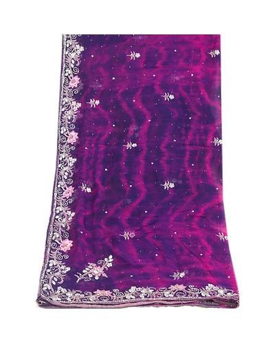Sanskriti Vintage Purple Dupatta Long Stole Pure Chiffon Silk Handmade Tie-Dye DC-52014-Purple &amp; Pink-Beaded Work-Pure Chiffon Silk-8
