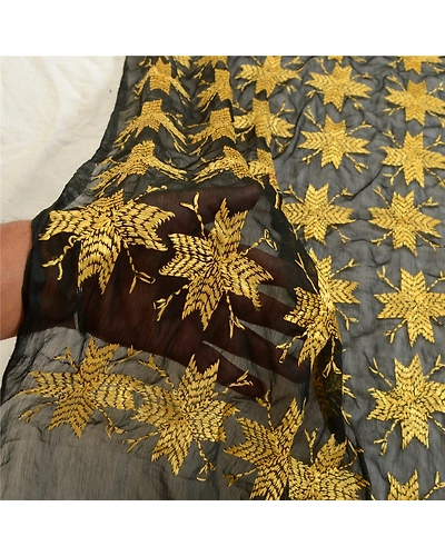 Sanskriti Vintage Black Long Dupatta Stole Chiffon Handmade Bagh Phulkari Veil DC-52027-Black-Thread Work-Chiffon-5