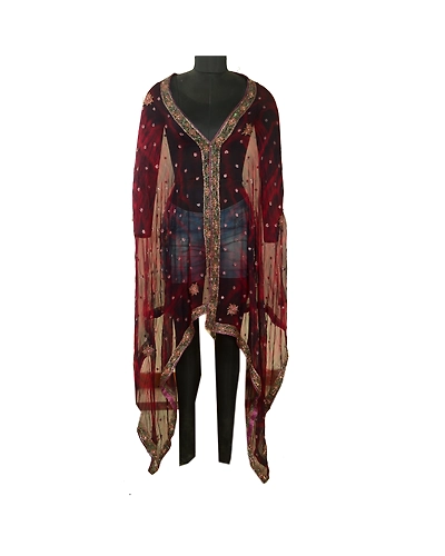 Sanskriti Vintage Dark Red Dupatta Long Stole Pure Chiffon Silk Handmade Tie-Dye DC-52030-Dark Red &amp; Black-Beaded Work-Pure Chiffon Silk-2