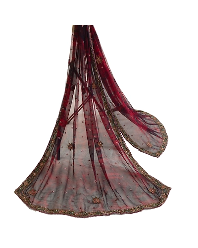 Sanskriti Vintage Dark Red Dupatta Long Stole Pure Chiffon Silk Handmade Tie-Dye DC-52030-Dark Red &amp; Black-Beaded Work-Pure Chiffon Silk-3