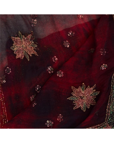 Sanskriti Vintage Dark Red Dupatta Long Stole Pure Chiffon Silk Handmade Tie-Dye DC-52030-Dark Red &amp; Black-Beaded Work-Pure Chiffon Silk-5