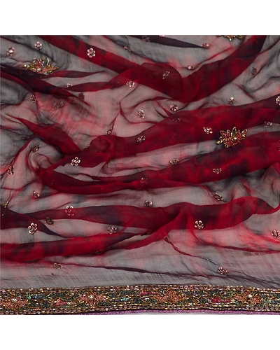 Sanskriti Vintage Dark Red Dupatta Long Stole Pure Chiffon Silk Handmade Tie-Dye DC-52030-Dark Red &amp; Black-Beaded Work-Pure Chiffon Silk-7
