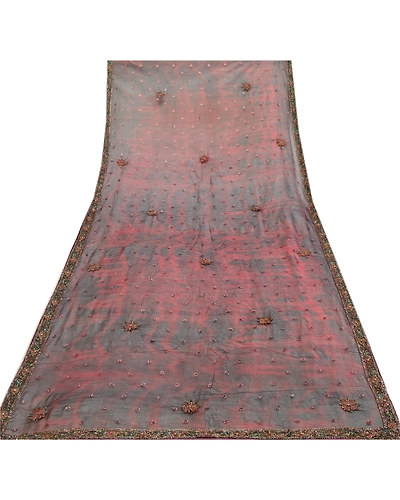 Sanskriti Vintage Dark Red Dupatta Long Stole Pure Chiffon Silk Handmade Tie-Dye DC-52030-Dark Red &amp; Black-Beaded Work-Pure Chiffon Silk-8