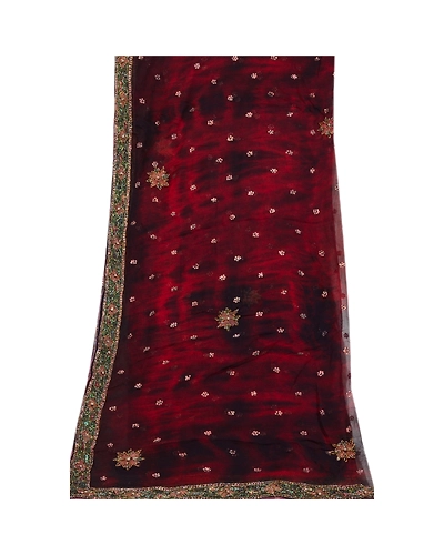 Sanskriti Vintage Dark Red Dupatta Long Stole Pure Chiffon Silk Handmade Tie-Dye DC-52030-Dark Red &amp; Black-Beaded Work-Pure Chiffon Silk-9