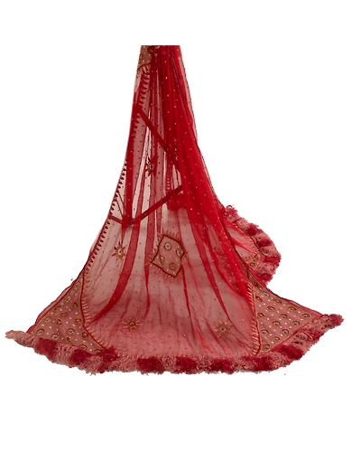 Sanskriti Vintage Red long Dupatta Stole Pure Chiffon Silk Hand Beaded Scarves DC-52032-Red-Beaded Work-Pure Chiffon Silk-3
