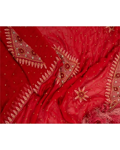Sanskriti Vintage Red long Dupatta Stole Pure Chiffon Silk Hand Beaded Scarves DC-52032-Red-Beaded Work-Pure Chiffon Silk-4