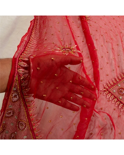 Sanskriti Vintage Red long Dupatta Stole Pure Chiffon Silk Hand Beaded Scarves DC-52032-Red-Beaded Work-Pure Chiffon Silk-6