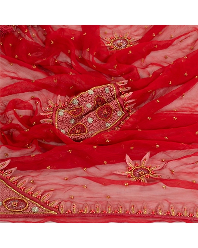 Sanskriti Vintage Red long Dupatta Stole Pure Chiffon Silk Hand Beaded Scarves DC-52032-Red-Beaded Work-Pure Chiffon Silk-7