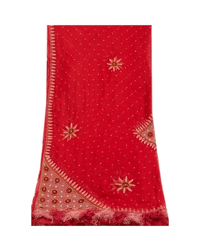 Sanskriti Vintage Red long Dupatta Stole Pure Chiffon Silk Hand Beaded Scarves DC-52032-Red-Beaded Work-Pure Chiffon Silk-9