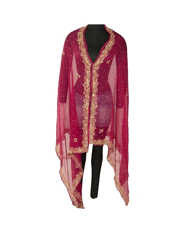 Sanskriti Vintage Purple Long Dupatta Stole Pure Chiffon Silk Hand Beaded Veil DC-52049-Purple-Sequins Work-Pure Chiffon Silk-1
