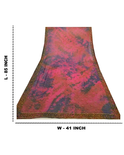 Sanskriti Vintage Pink Dupatta Long Stole Georgette Hand Beaded Tie-Dye Scarves DC-52050-Pink &amp; Blue-Tie- Dye Work-Georgette-1