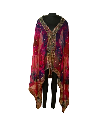 Sanskriti Vintage Pink Dupatta Long Stole Georgette Hand Beaded Tie-Dye Scarves DC-52050-Pink &amp; Blue-Tie- Dye Work-Georgette-2