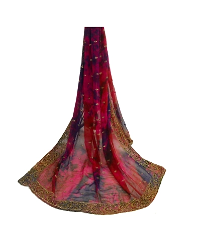 Sanskriti Vintage Pink Dupatta Long Stole Georgette Hand Beaded Tie-Dye Scarves DC-52050-Pink &amp; Blue-Tie- Dye Work-Georgette-3