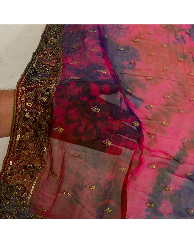 Sanskriti Vintage Pink Dupatta Long Stole Georgette Hand Beaded Tie-Dye Scarves DC-52050-Pink &amp; Blue-Tie- Dye Work-Georgette-6
