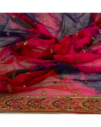 Sanskriti Vintage Pink Dupatta Long Stole Georgette Hand Beaded Tie-Dye Scarves DC-52050-Pink &amp; Blue-Tie- Dye Work-Georgette-7