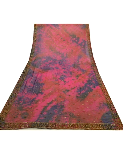 Sanskriti Vintage Pink Dupatta Long Stole Georgette Hand Beaded Tie-Dye Scarves DC-52050-Pink &amp; Blue-Tie- Dye Work-Georgette-8