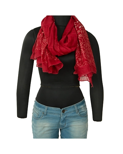 Sanskriti Vintage Dark Red Cotton Silk Dupatta Long Stole Woven Wrap Scarves DC-52062-Dark Red-Ikat Work-Cotton Silk-1