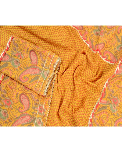 Sanskriti Vintage Yellow Dupatta Long Stole Pure Cotton Block Printed Kalamkari DC-52091-Yellow-Block Printed Work-Pure Cotton-4