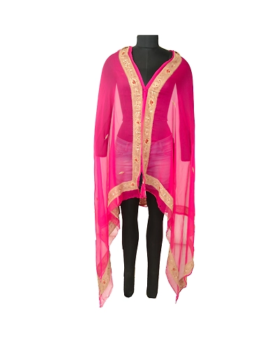 Sanskriti Vintage Pink Long Dupatta Stole Pure Chiffon Silk Hand Beaded Scarves DC-52179-Pink-Thread Work-Pure Chiffon Silk-1