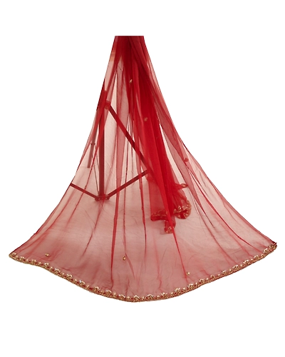 Sanskriti Vintage Dark Red Dupatta Long Stole Pure Georgette Silk Hand Bead Veil DC-52182-Dark Red-Beaded Work-Pure Georgette Silk-3