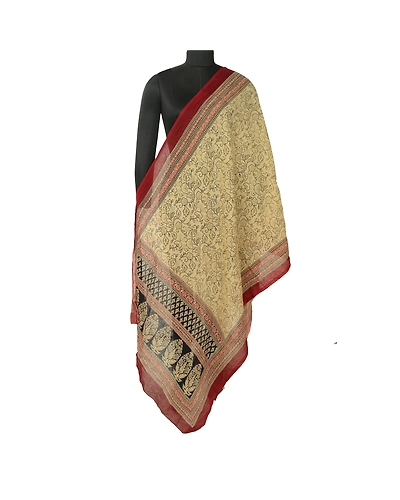 Sanskriti Vintage Cream Long Dupatta Stole Pure Cotton Block Printed Scarves DC-52198-Cream &amp; Dark Red-Block Printed Work-Pure Cotton-1