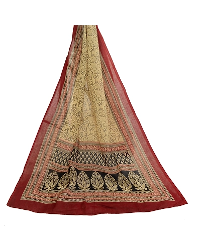 Sanskriti Vintage Cream Long Dupatta Stole Pure Cotton Block Printed Scarves DC-52198-Cream &amp; Dark Red-Block Printed Work-Pure Cotton-3