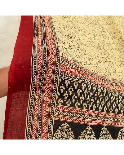 Sanskriti Vintage Cream Long Dupatta Stole Pure Cotton Block Printed Scarves DC-52198-Cream &amp; Dark Red-Block Printed Work-Pure Cotton-6