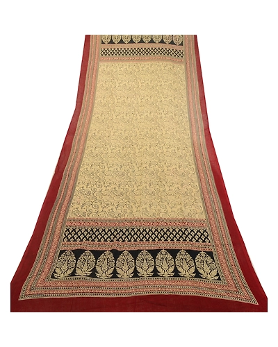 Sanskriti Vintage Cream Long Dupatta Stole Pure Cotton Block Printed Scarves DC-52198-Cream &amp; Dark Red-Block Printed Work-Pure Cotton-8