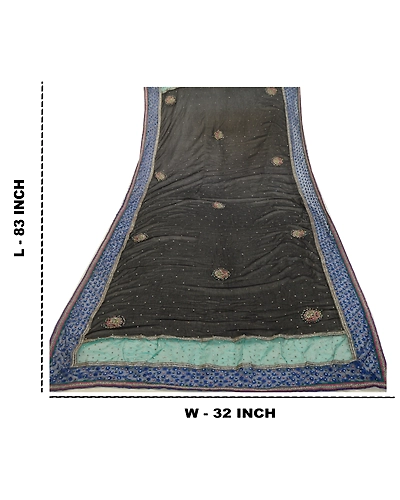 Sanskriti Vintage Black Long Dupatta Stole Pure Chiffon Silk Hand Beaded Scarves DC-52237-Black &amp; Blue-Beaded Work-Net Mesh &amp; Pure Chiffon Silk-2