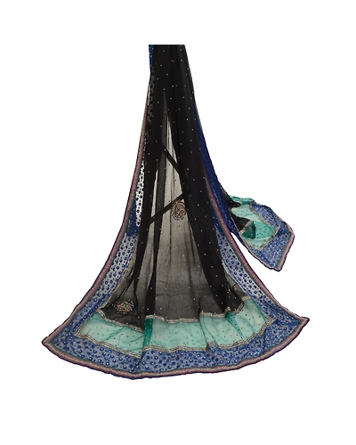 Sanskriti Vintage Black Long Dupatta Stole Pure Chiffon Silk Hand Beaded Scarves DC-52237-Black &amp; Blue-Beaded Work-Net Mesh &amp; Pure Chiffon Silk-3