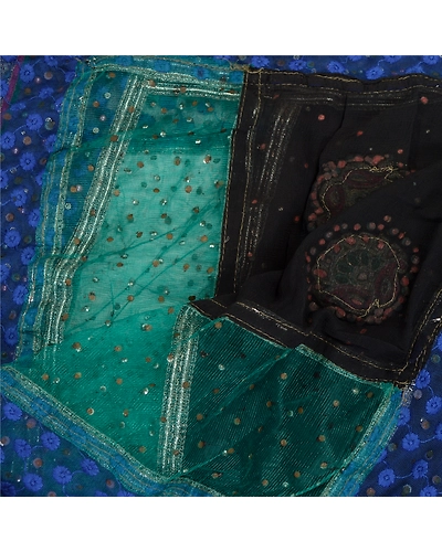 Sanskriti Vintage Black Long Dupatta Stole Pure Chiffon Silk Hand Beaded Scarves DC-52237-Black &amp; Blue-Beaded Work-Net Mesh &amp; Pure Chiffon Silk-5