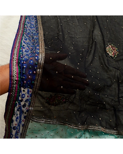 Sanskriti Vintage Black Long Dupatta Stole Pure Chiffon Silk Hand Beaded Scarves DC-52237-Black &amp; Blue-Beaded Work-Net Mesh &amp; Pure Chiffon Silk-6