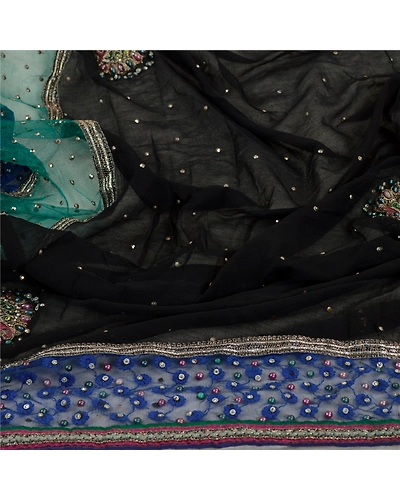 Sanskriti Vintage Black Long Dupatta Stole Pure Chiffon Silk Hand Beaded Scarves DC-52237-Black &amp; Blue-Beaded Work-Net Mesh &amp; Pure Chiffon Silk-7