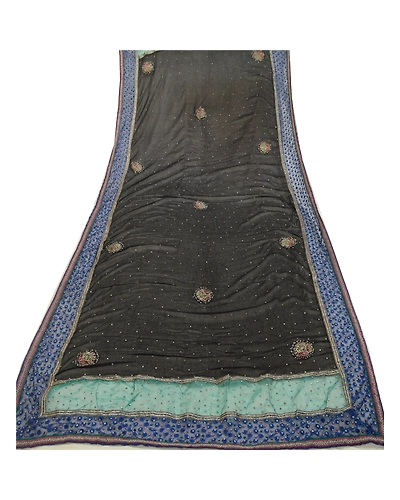Sanskriti Vintage Black Long Dupatta Stole Pure Chiffon Silk Hand Beaded Scarves DC-52237-Black &amp; Blue-Beaded Work-Net Mesh &amp; Pure Chiffon Silk-8