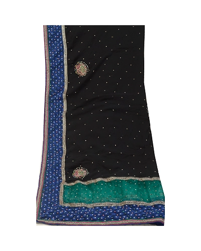 Sanskriti Vintage Black Long Dupatta Stole Pure Chiffon Silk Hand Beaded Scarves DC-52237-Black &amp; Blue-Beaded Work-Net Mesh &amp; Pure Chiffon Silk-9